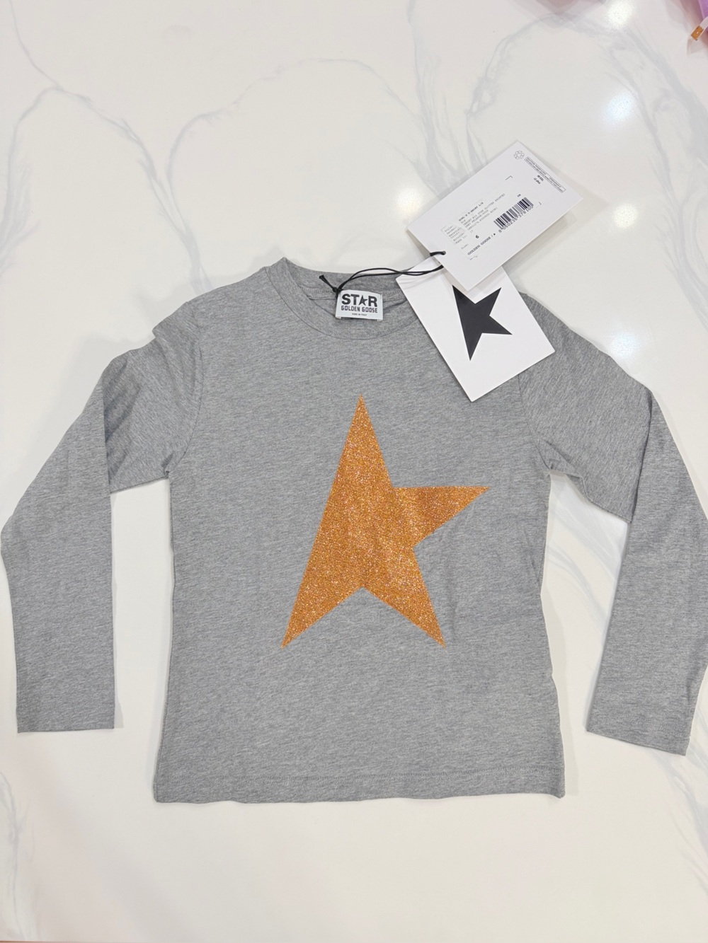 Golden Goose Kids Gray Long-Sleeve Tee with Gold Glitter Star